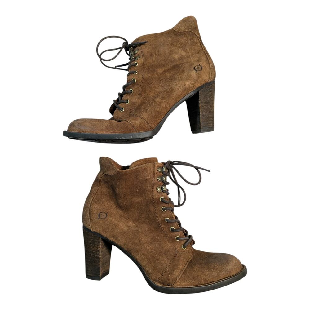 Born Gosford Brown Suede Block Heel Lace Up Granny Retro Ankle Boots Sz 8.5